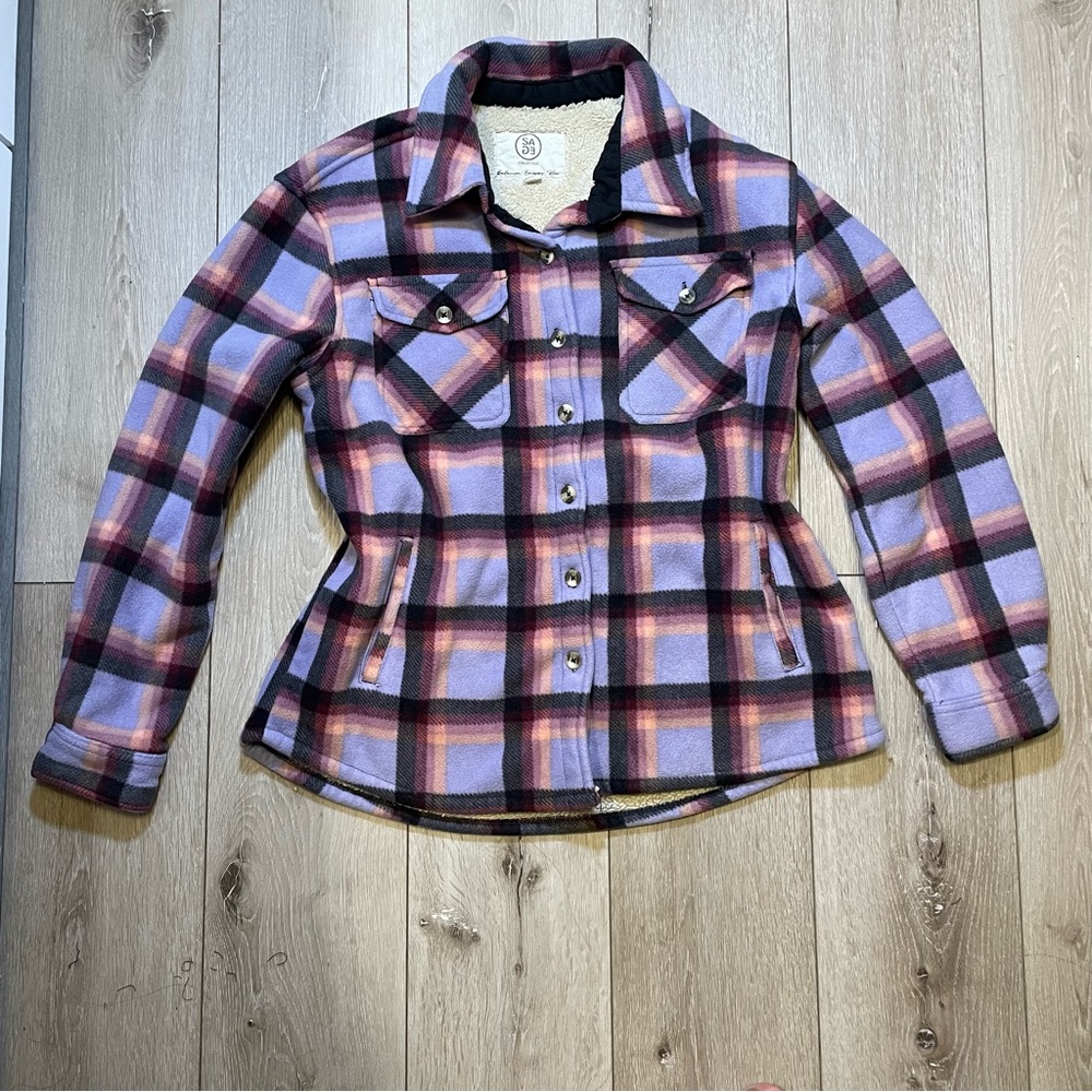 SAGE‎ Collective Purple Plaid Sherpa Lined Shacket Jacket M Cozy Flannel